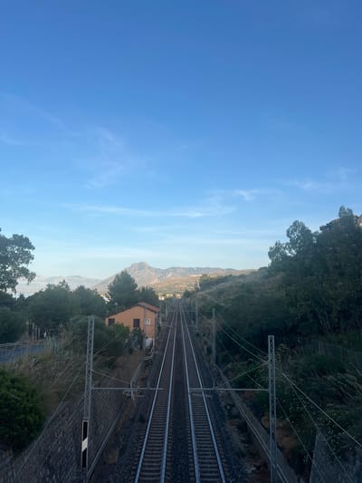 The image presents an elevated, panoramic view of a railway line set within a natural and semi-urban landscape, specified as being in Sperone, Italy. Two parallel train tracks extend from the foreground into the distance, appearing to converge at the base of a prominent mountain range. Overhead catenary wires are visible, supported by metallic lattice poles situated alongside the tracks.
To the left of the tracks in the midground, a small, light-orange building with dark-shuttered windows stands, bearing the number "25" and additional characters on its side. This structure is surrounded by varying densities of vegetation, including tall trees and bushes. A stone retaining wall runs along the left side of the tracks in the foreground, bordering a grassy embankment. Further left, a road or path is partially visible.
To the right of the tracks, a steep, heavily vegetated hillside rises, densely covered with trees and shrubs. The foreground features additional metallic support structures and sparse dry grass.
In the background, a distinctive mountain range dominates the horizon under a clear, bright blue sky with sparse, high-altitude clouds. Between the midground vegetation and the mountains on the far left, a sliver of what appears to be a body of water is discernible, indicative of a coastal environment. The overall lighting suggests either early morning or late afternoon. No people or vehicles are present in the visible scene.