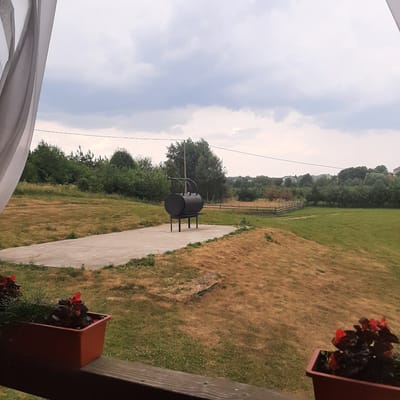 The image depicts an outdoor scene, likely in Dubrivka, Ukraine, with a focus on a cylindrical black object resembling a smoker or grill, positioned on a paved pathway. The pathway cuts through a grassy area, which appears dry and parched in some sections, transitioning to greener patches. In the background, a wooden fence runs along the edge of the grass, and beyond that, a dense line of trees forms a natural border, with hints of buildings nestled within the greenery, suggesting a rural or semi-rural setting. The sky is overcast with soft, diffused light, indicating a cloudy day, possibly in the late afternoon or early evening.
In the foreground, to the right, a wooden railing is visible, with a reddish-brown planter box containing dark foliage and vibrant red flowers. Another similar planter box is partially visible at the bottom right corner. To the left of the frame, a light-colored fabric, possibly a curtain or awning, is draped, adding a domestic element to the scene.
There are no people visible in the image. The overall mood is peaceful and quiet, with the landscape suggesting a natural setting perhaps connected to a residence or a recreational area. The time of day is suggested by the soft, diffused light and the quality of shadows, pointing towards a moderately lit day. No visible text is present in the image.