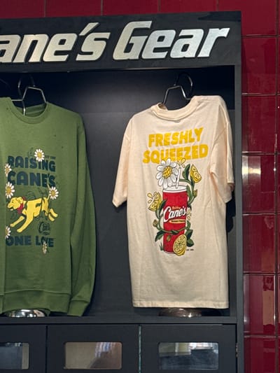 Inside what appears to be a Raising Cane's restaurant or merchandise shop, two T-shirts are displayed vertically in a dark, compartmentalized unit labeled "Cane's Gear" in silver letters along its left side. The background consists of a red tiled wall, characteristic of the fast-food chain's interior design.

The top T-shirt is cream-colored and features a yellow graphic of text reading "FRESHLY SQUEEZED." Below the text is an illustration of a red Raising Cane's cup, marked with "Raising Cane's CHICKEN FINGERS EST. 1996," surrounded by vibrant yellow lemons, lemon slices, and white daisies.

Below it, the second T-shirt is olive green, showcasing a graphic of a yellow dog (resembling a cartoon character like Winnie the Pooh) lying amidst white daisies. Above the dog, green text reads "RAISING CANE'S EST. 1996," and below it, "ONE LOVE." Both T-shirts are neatly hung on metal hangers within their respective display compartments, which appear to have small rectangular windows on the right side. The overall scene depicts a merchandise display for the Raising Cane's brand.
