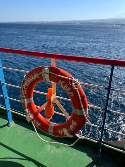 A life preserver hangs from the railing of a ferry. The life preserver is orange and has white lettering that is partially visible. A small orange buoy is attached to the life preserver. The ferry is on the ocean, and the water is blue. In the background, there is land with buildings and mountains. The sky is clear and blue. The ferry deck is green.
