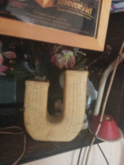 The image presents an indoor still life, centered on a large, light beige, three-dimensional object shaped like the letter "U", which occupies the lower half of the frame. This "U" object possesses a rough, textured surface. Behind and above the "U" is a partially visible framed item with a light wooden border, displaying text that includes "ANNIVERSARY". Artificial flowers with visible pink and lighter-colored blooms amidst green foliage are situated behind the "U" object, against a dark background. To the right of the "U", a portion of a lamp or light fixture is visible, characterized by a red, conical base and a light-colored, slender stem. Several thin wires or cords traverse the lower foreground, some appearing to be associated with the lamp. All objects are positioned on a dark, flat surface, likely a shelf or table. The scene is located in the city of Dogsenang Gorphoog, Bhutan.