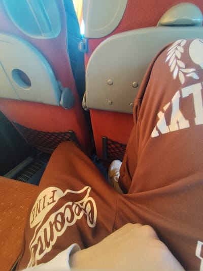 From a low-angle perspective, the scene captures a person seated on a train. The individual wears brown sweatpants adorned with white lettering and designs, including "Second Fine." The train seat is red and gray with a net pocket visible in the background. A small section of a white shoe peeks out from under the sweatpants. The hand of the individual is slightly visible at the bottom of the image.