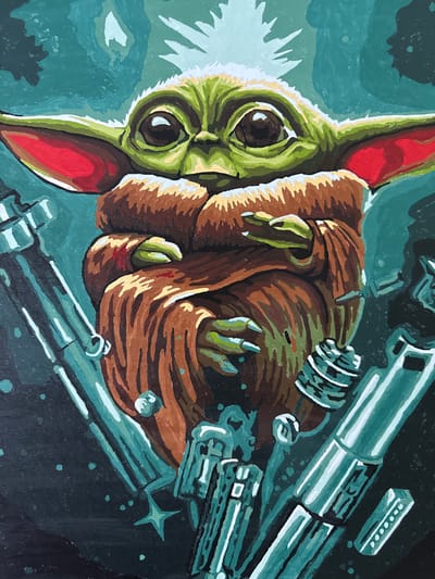 The media file is a painting of Grogu, a character from The Mandalorian, with multiple blasters. Grogu, with his large ears and big eyes, is depicted in a swaddled brown robe. His green skin and red inner ears are prominent. His hands are visible, with long fingers and sharp claws. He is surrounded by several metallic blasters, rendered in shades of grey and blue, with some white highlights indicating shine. One blaster is positioned prominently in the foreground, running diagonally across the bottom right of the frame. Another is seen behind Grogu, with a circular metallic component. The background is a dark, starry expanse, suggesting outer space. There are small, light blue dots scattered throughout the background, resembling stars or debris. A white, spiky form is visible behind Grogu's head on the left side, possibly an explosion or energy burst. The overall color palette is dominated by greens, browns, greys, blues, and black, creating a dramatic and slightly ominous mood. The painting style is expressive and somewhat stylized, with visible brushstrokes and bold color blocking. No text is visible in the image.
