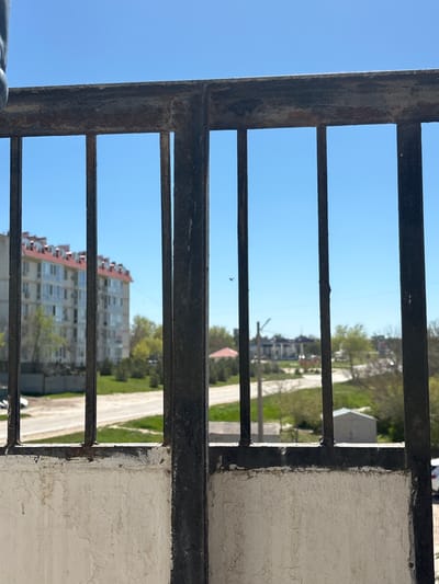 The image shows a view through a rusty metal gate or barred window. The foreground consists of vertical and horizontal metal bars, with a section of textured, white-painted wall visible on the right. Through the openings, a street scene unfolds on a sunny day. A multi-story building with a red roof is visible, along with green trees and patches of grass. A road is also apparent, suggesting a residential or suburban area. The clear blue sky is visible in the upper portion of the image. Given the request to locate the image in Chornomorskoe, Ukraine, one can infer the general geographic context of the scene. There are no people visible in the image.