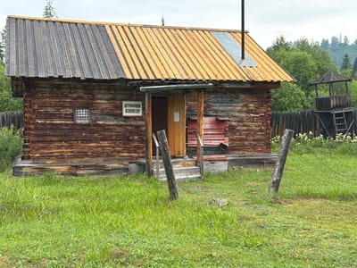In the city of Ust'-Kabyrza, Russia, a rustic wooden building stands on a grassy field. The building, constructed of horizontal logs, has a weathered appearance. Its roof is a patchwork of grey and yellow metal sheeting, with a section of silver metal near the chimney. A sign above the open doorway reads "ШТРАФНОЙ ИЗОЛЯТОР" (Disciplinary Isolation). A small, barred window is visible on the left side of the building. The entrance is a wooden door, and a small wooden porch leads up to it. Two rough wooden posts stand in front of the building, and a barbed wire fence stretches across the foreground. In the background, a wooden guard tower and a dense green forest are visible. The sky is overcast.