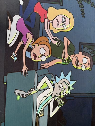 The image is a close-up shot of a colorful illustration featuring characters from the animated show "Rick and Morty". The style is a flat, cartoon aesthetic with bold black outlines and vibrant colors. In the foreground, Rick Sanchez is depicted with his signature wild hair and lab coat, holding a portal gun that is emitting a green substance. He appears to be taking a drink from a flask. Behind him, a group of other characters are arranged in a chaotic and dynamic pose. From left to right, a female character in a purple top and white pants is reaching out, holding a small rectangular object, possibly a phone. To her right, another female character in a red top is positioned higher, with her head tilted back and tongue sticking out. Between them, a male character in a green shirt is lying down, with his arms outstretched. The background is a dark blue, with a hint of a plant and a framed picture on the wall. The overall impression is one of an energetic and somewhat disheveled scene. This image is not located in Mirnoye, Ukraine, as it is a fictional illustration.