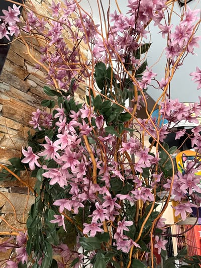A close-up, vertical, eye-level shot captures an arrangement of artificial pink flowers with thin, woody branches and dark green leaves. The backdrop is a wall constructed of irregular, light brown and tan stones, giving it a rustic texture. To the right, stacks of books are visible, with spines showing various colors and text. One book has a red cover with a white border. Another book further back has a yellow cover with a black silhouette of a cat wearing glasses. The lighting is moderate, highlighting the floral arrangement and the stone wall. The scene appears to be indoors, possibly in a decorative display within a commercial or residential setting in Panichishte, Bulgaria. No people are present in the image.