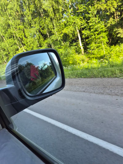 The image shows a side-view mirror of a vehicle, reflecting the scene outside and the interior of the car. The exterior view shows a lush green forest with tall trees, indicating a natural, possibly rural setting. The road, visible to the right of the forest, appears to be asphalt with a white lane marker. The presence of a side-view mirror suggests the vehicle is in motion, likely driving along this road.
Reflected in the mirror is a person's hand holding a bright red smartphone, implying they are taking a picture or video. The reflection also shows a portion of the car's interior, including what appears to be a person's head and shoulders, though these are not clearly defined. The lighting suggests it is daytime, possibly late afternoon or early morning due to the quality of the sunlight. The weather appears to be clear and sunny, illuminating the vibrant green foliage.
The location context provided is Verkhne-Pozim', Russia, which aligns with the depiction of a forested road. No text is visible in the image. The overall impression is a candid shot captured while traveling through a scenic, natural environment.