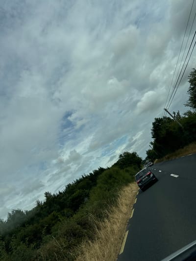 The image shows a view from a moving vehicle on a road in the New Ross Municipal District, Ireland. The road is paved and has a yellow line marking the edge. There is a line of trees and vegetation on the left side of the road, and a utility pole with power lines is visible on the right. Several cars are driving on the road, including a dark-colored SUV in the foreground. The sky is cloudy with patches of blue sky visible. The image is oriented at an angle, suggesting it was taken from a tilted perspective.