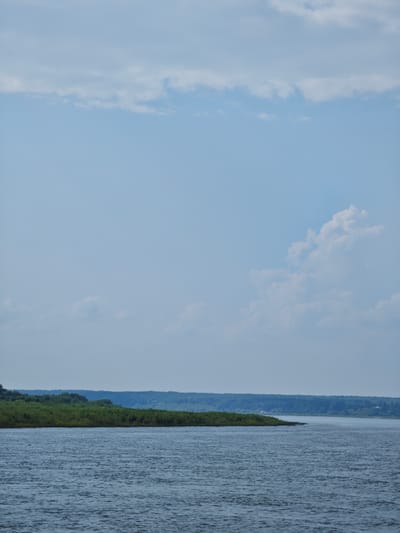 The image shows a wide, calm river flowing through a verdant landscape. The river occupies the lower half of the frame, its surface rippled by a gentle breeze. In the distance, along the left bank, dense green vegetation grows, creating a thick, almost impenetrable wall of foliage. This vegetation forms a prominent headland that juts out into the river, narrowing its course. Beyond the immediate greenery, rolling hills covered in trees recede into the background, their forms softened by the haze of distance and rendered in shades of blue and dark green. The sky above is a pale blue, dotted with scattered, wispy white clouds that stretch horizontally across the frame. The scene evokes a sense of peacefulness and natural beauty, typical of the riparian landscapes found in regions like Verkhnepashino, Russia.