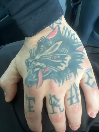 A close-up shot captures the back of a person's left hand, heavily adorned with tattoos. The central and most prominent tattoo on the hand is a stylized depiction of a snarling wolf or similar canine creature's head. Rendered in black and grey ink with accents of red, the creature features sharp fangs, a tongue sticking out, and a fierce expression. Its fur or mane is depicted with spiky, dynamic lines extending towards the fingers and wrist.
Individual letters or symbols are tattooed on each finger, executed in a gothic or block-letter style in black ink. On the index finger, a stylized capital 'F' or 'E' is visible. The middle finger clearly bears a capital 'H'. The ring finger shows a stylized 'E' or 'F'. The pinky finger has a more abstract or geometric design. A partial, indistinct tattoo is also visible on the thumb. The skin around the tattoos appears slightly red and raised in some areas, suggesting they might be relatively new or healing.
The hand is framed by dark-colored clothing, likely a sleeve, covering the wrist area. In the blurred background, the dark interior of what appears to be a vehicle, possibly a car, can be seen, with a dark seat and other indistinct elements. There are no explicit cues within the image to indicate the time of day, weather, or location within Tampere, Finland, beyond the general setting of an indoor vehicle space.