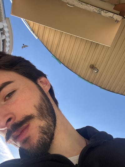 The image displays a low-angle, upward-facing perspective in the city of Grenoble, France, under a clear blue sky. The lower left portion of the frame is occupied by the face of a male individual, visible from the nose down to the upper chest. He has fair skin, dark hair, a prominent moustache, and a full beard. His left eye, appearing green or hazel, is visible. He is wearing a dark, possibly black, fleece jacket, partially unzipped, revealing a white garment underneath. In the upper left quadrant of the sky, a small, dark bird is captured in flight with its wings spread. Spanning diagonally across the upper and right portions of the image is the underside of a light-colored, likely beige, architectural structure, such as an awning or balcony. This structure features horizontal ribbing and has a circular light fixture with a metallic housing attached to its underside. Small, light-colored adhesive strips are visible along the edge of the ribbed structure. A fragment of a white building facade with curved architectural details is visible in the far upper left. The scene is brightly lit by natural sunlight.