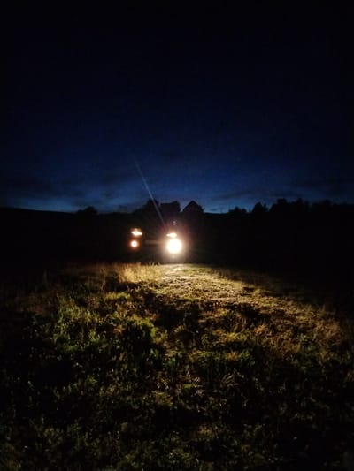 The image shows a rural scene at dusk or night, with a vehicle's headlights illuminating a grassy field. The headlights are bright, suggesting they are the primary light source. The terrain appears uneven, with tall grass and some dark foliage in the background. The sky is a deep blue, transitioning to dark black, with a hint of clouds. There are no people visible in the image. The location is identified as being in the city of Рассвет, Russia.