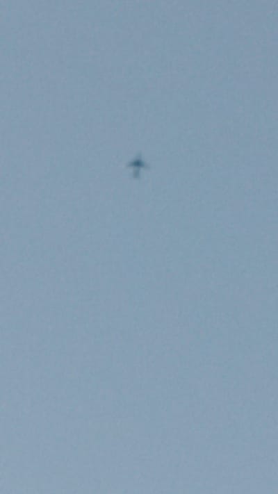 A distant, blurry object resembling an airplane is visible in a pale blue sky. The object is small and dark against the light background. The image is vertically oriented and lacks any specific context for its location within Riverhead, United States of America, or any environmental details beyond the sky.