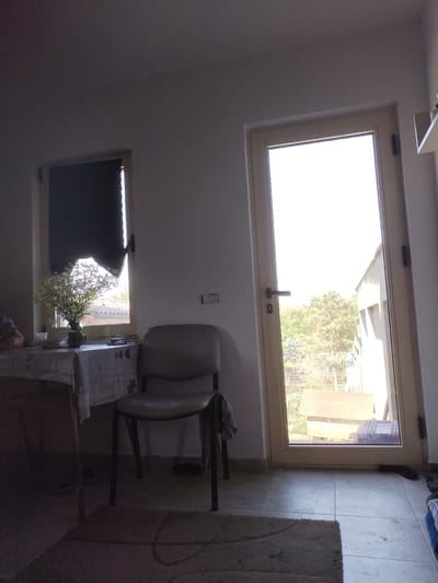 The image depicts an interior scene looking out through a closed glass door and a window. The room appears to be a living space or dining area.

In the foreground, on the left, a table is partially visible, covered with a tablecloth. On the table, a bouquet of white flowers in a dark vase is present, along with what appears to be a mug and some other small items. To the left of the table, a person's arm and shoulder are visible, suggesting they are seated or leaning. A dark chair with a grey seat is positioned to the right of the table.

The room has white walls. To the left, a window with a dark shade is visible. To the right, a large glass door, slightly ajar, offers a view of an outdoor area. Through the glass, trees, a fence, and a building with a light-colored roof are discernible. The bright light from outside suggests it is daytime.

The floor is tiled, and a rectangular rug is placed in front of the chair. Some objects, possibly shoes, are visible on the floor near the door. The overall lighting in the room is dim, with the exception of the light coming through the door and window.

The location is identified as Moara Domnească, Romania. The scene suggests a domestic setting, possibly a home or a small business, given the furniture and the view of the outdoors. There is no overt indication of any specific crime scene or unusual activity.