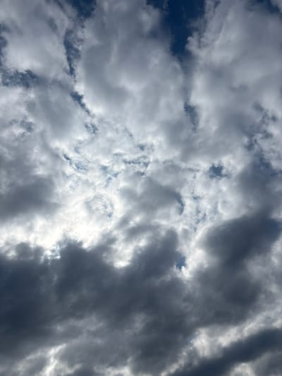 The image shows a sky filled with a mixture of dark and light gray clouds against a dark blue sky. Some areas of the sky are brightly lit, suggesting sunlight is breaking through the clouds. The clouds are varied in texture and density, with some appearing wispy and others more solid and ominous. There are no buildings, people, or objects visible in the image, only the natural phenomenon of clouds in the sky. The location specified, the city of Batak, Bulgaria, is not visually discernible from the image itself, as it solely depicts the sky.