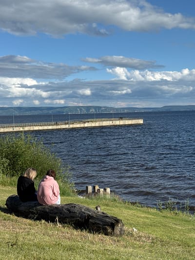 This media file depicts a scene from Primorsky, Russia, likely during daylight hours under a partly cloudy sky. The primary subjects are two individuals, their backs to the camera, seated on a large, dark, weathered log on a grassy embankment. One person is wearing a pink hooded sweatshirt, and the other is wearing a black jacket. They appear to be looking out at a large body of dark blue water, possibly a sea or a wide river.
In the distance, a long, concrete pier extends into the water, with a railing along its side. A few figures can be seen on the pier, suggesting it's a public area. The water is rippling, indicating a gentle breeze. Beyond the water and the pier, a hilly, forested landscape can be observed along the horizon. The sky is a bright blue, interspersed with large, dramatic white and gray clouds, suggesting fair weather. The overall atmosphere seems peaceful and contemplative, with the individuals seemingly enjoying the view and the natural surroundings. There is no visible text in the image.