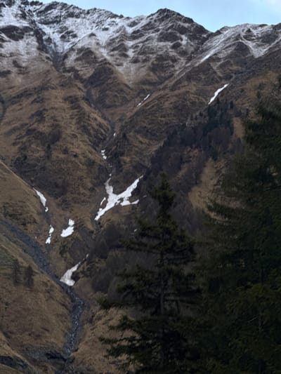 The image shows a steep mountainside in Poschiavo, Switzerland. The mountain face is primarily brown with patches of snow clinging to its crevices and slopes. The upper left portion of the mountain is heavily covered in snow, while the right side features dark green trees blending into the brown landscape. A small stream of dark rock runs diagonally down the mountain. The sky is visible as a muted grey-blue in the upper left corner.