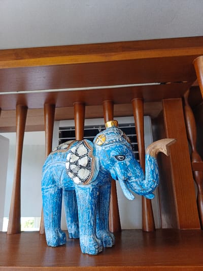A blue, wooden elephant statue sits on a brown shelf. The elephant has a decorated head and blanket, with a missing piece on its trunk. The shelf is part of a wooden structure with rounded vertical supports. In the background, a white air conditioner is visible. The scene is well-lit, highlighting the textures of the wood and the details of the statue.