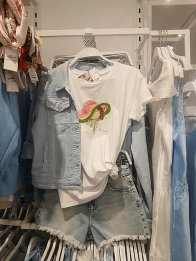 The image shows a close-up view of clothing items hanging on a retail display rack. The subjects are primarily women's clothing, including t-shirts, denim shorts, and a denim jacket. One t-shirt prominently features an illustration of a woman with a straw hat, holding a piece of watermelon. Other items include light blue and white fabric with lace detailing, as well as various scarves and accessories piled at the bottom. The setting appears to be a clothing store, indicated by the organized racks and price tags. The lighting suggests an indoor environment, likely during daylight hours. There is no explicit indication of the time of day, weather, or specific emotions, though the presentation of the clothing implies a commercial or retail context. Visible text includes price tags and brand names like "KELIBEG." The location context provided is Ávila, Spain.
