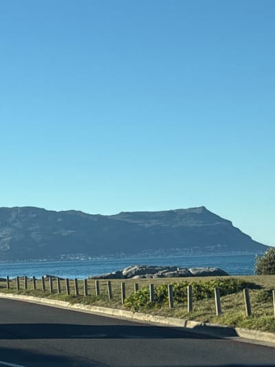 The image captures a view of a tall, rocky mountain adjacent to the ocean, likely along a coastal road. A road with a concrete barrier and wooden posts runs along the right side of the frame. Vegetation is visible on the other side of the barrier. The sky is a clear, light blue, taking up the majority of the left side of the frame. Based on the landscape and proximity to the ocean, this could be along the coastal route from Simon's Town, South Africa.