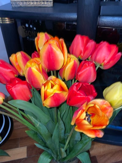 A bouquet of red and yellow tulips is arranged near a piece of black furniture with a decorative metallic trim, possibly a stereo or cabinet. The flowers are in various stages of bloom, with some fully open and others still closed. The leaves of the tulips are green and visible among the blooms. The surface beneath the flowers is a patterned, possibly wooden, floor. Text visible on the black furniture reads "SONY Design". No people are visible in the image. There is no information to confirm location in the city of Aratashen, Armenia.