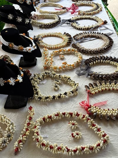 This image captures a close-up view of a collection of handcrafted jewelry displayed on a light-colored, wrinkled fabric surface, likely a vendor's table, in Māhina, France. The scene features numerous necklaces, bracelets, and several pairs of matching earrings, primarily crafted from shells and beads.
**Objects:**
* **Necklaces:** Approximately two dozen necklaces are visible, varying in design and material. Many are made from small, elongated, off-white shells, often arranged in floral-like clusters or layered patterns. Other necklaces incorporate darker, polished shells, alternating with lighter shells. Several pieces feature colored accents, including orange, red, and black beads or shells. Some necklaces are tied with thin ribbons in colors such as red, black, and light pink.
* **Bracelets:** At least two bracelets, similar in style and material to the necklaces, are present. One is predominantly off-white with red accents, and another is off-white with dark accents.
* **Earrings:** Multiple pairs of dangle earrings are displayed, often matching the designs of the accompanying necklaces. These typically consist of small shell florets or clusters of beads.
* **Jewelry Displays:** Three black velvet-covered display busts are partially visible on the left side of the frame, showcasing some of the necklaces. One necklace on a bust features white shell florets with orange centers. Another has white shell florets with darker centers.
* **Price Tags:** Small white price tags are visible near some of the items, with handwritten numerical values, such as "10.000."
* **Fabric Surface:** All jewelry is laid out on a textured, light beige or off-white fabric, possibly cotton or linen, which has visible creases and wrinkles.
**Environment:**
* The background is predominantly the light fabric.
* A hint of green foliage or natural elements is visible in the upper right corner, suggesting an outdoor or semi-outdoor setting.
* The lighting is natural and even, casting minimal shadows.
**People/Actions/Interactions:**
* No people are visible in the image.
* No explicit actions or interactions are depicted. The scene is static, showcasing the displayed merchandise.