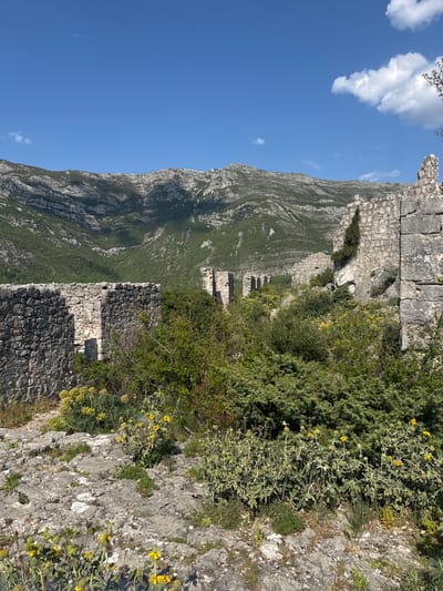 The image shows a view from within the ruins of a stone structure, possibly a fortress wall, overlooking a mountain in Đurmani, Montenegro. The wall is constructed of roughly hewn gray stones and is partially overgrown with vegetation, including small bushes and flowering plants with yellow blooms. The landscape features a steep, rugged mountain with visible geological strata. The sky is a clear blue with scattered clouds. The angle of the shot suggests it was taken from a high vantage point within the stone structure.