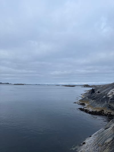 This is a vertical, medium-shot photograph of a person sitting on the rocky shore of a body of water in Rong, Norway. The sky is overcast and a muted gray, with horizontal cloud bands. The water is a deep, calm blue-gray, with subtle ripples. In the middle distance, several small, rocky islands are visible, with navigation markers on some of them.
In the foreground, a person is seated on a dark, uneven rock formation. They are wearing dark clothing, including a jacket and pants. Their posture is relaxed, with their legs bent and their arms resting on their knees. The person is looking out towards the water. Next to the person, a dark-colored backpack or bag is visible on the rocks. The rocks are uneven and textured, with patches of seaweed and small white shell fragments near the water's edge. The scene conveys a sense of quiet solitude and contemplation by the sea.