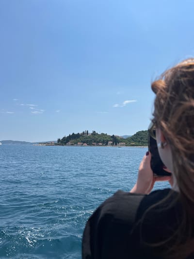 The image, taken from a boat, shows a person holding a smartphone to take a picture of a coastline. The person, viewed from behind and from the neck up, has brown hair and is wearing sunglasses. They are dressed in a dark top. The phone is being held in their right hand.
The scene depicts a bright, sunny day with a clear blue sky and some scattered white clouds. The sea is a vibrant blue, with small waves and white foam where it meets the shore. The coastline is densely covered with green trees and features several buildings with red roofs, suggesting a populated area. The buildings are nestled among the trees on a hillside. In the distance, other hills and land masses are visible, shrouded in a light haze.
The overall impression is one of a pleasant, scenic day, possibly during a boat trip in a coastal region. The person appears engaged in capturing the view, suggesting a relaxed or tourist-like activity. The time of day is likely daytime, given the bright sunlight. The location cues, such as the dense vegetation, architecture, and the sea, point to a Mediterranean or similar climate. There is no visible text in the image.
