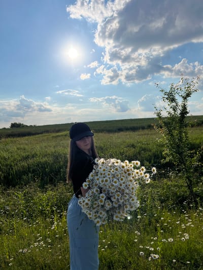 In Ilavche, Ukraine, a young woman stands in a sun-drenched grassy field, holding a large bouquet of white daisies. She is wearing a black baseball cap and a black top, with light blue pants. The sun is bright in the sky, with fluffy white clouds scattered across it. A small tree is visible to the right of the woman, and the field extends to a rolling hill in the background. The grass is tall and green, with many small white daisies dotted throughout.