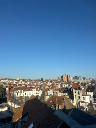This is an elevated, wide-angle photographic view of a densely populated urban landscape under a clear, bright blue sky in Etterbeek, Belgium. The scene is illuminated by direct sunlight, casting distinct shadows on building surfaces, suggesting a morning or afternoon sun angle.
In the immediate foreground, a mosaic of residential rooftops dominates the lower portion of the image. These roofs primarily feature reddish-brown terracotta tiles, with some exhibiting darker grey or black modern materials, including what appears to be solar panels on one roof in the bottom right. Distinct shadows are cast across several roof planes from adjacent structures.
The midground displays a vast expanse of multi-story residential buildings characterized by diverse architectural styles. Many structures feature light-colored, primarily white or beige, facades with numerous windows. Interspersed among the buildings are bare deciduous trees and some evergreen foliage. A slender church spire is visible on the left side of the midground skyline.
The background reveals a more distant urban panorama, including taller, more contemporary buildings. Notable structures include several high-rise buildings and, prominently on the far right, a large complex of modern buildings, including a distinctive curved glass structure consistent with the European Parliament in Brussels. Faint outlines of additional high-rise buildings and at least one construction crane are visible on the distant horizon. No people are visible within the frame, and no specific actions or interactions are depicted.