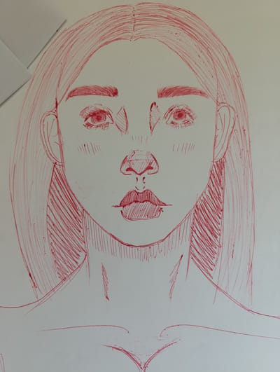 This media file is a red ink sketch on a white surface, likely paper. The subject is a portrait of a young woman, depicted from the shoulders up. Her face is centrally located, with long, straight hair framing it. The sketch includes details of her eyes, eyebrows, nose, and lips, all rendered with varying degrees of shading through hatching and cross-hatching. Her ears are visible, and the sketch extends down to her neck and collarbone, with some indication of her upper chest.
The style is loose and gestural, suggesting a quick sketch rather than a finished piece. The use of red ink creates a bold, graphic quality. There are no specific environmental cues to indicate time of day, weather, or a precise location, beyond the implied setting of an artist's studio or workspace, with hints of white paper or cardboard in the top left corner. The emotion conveyed is neutral or slightly pensive, with the direct gaze of the subject. No text is visible in the image. The context of Hadzhidimovo, Bulgaria, is provided externally and is not visually discernible from the artwork itself.
