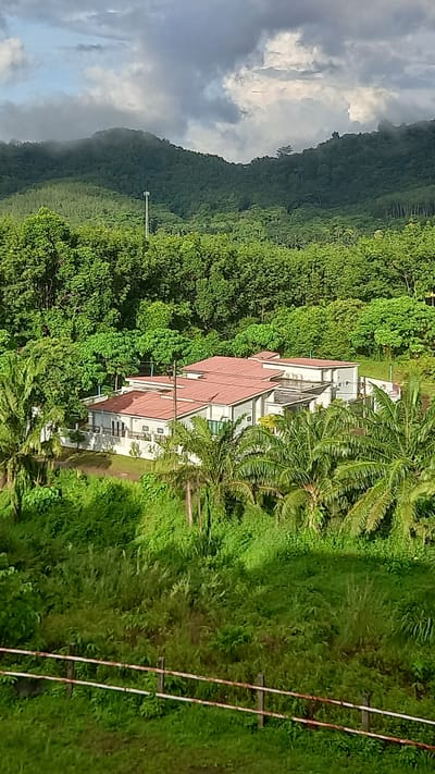 The image depicts a landscape near Ban Tak Daet, Thailand, featuring a building with a red roof nestled amidst lush green vegetation, with a mountainous backdrop under a cloudy sky. In the foreground are what appear to be power lines running parallel, suggesting a rural or semi-rural environment. The vegetation includes various trees and foliage, indicative of a tropical climate.
