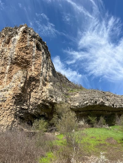 The image shows a steep, layered rock cliff face under a bright blue sky with wispy cirrus clouds. The rock is predominantly brown and gray, with visible stratification. Some sparse vegetation clings to the cliff face, and a narrow strip of green grass and bushes extends from the top of the cliff to the right. In the foreground, there are bare trees and shrubs. The location is likely near Gortalovo, Bulgaria, based on the user's prompt. No people are visible. The image appears to be taken from a low angle, looking upwards at the cliff.