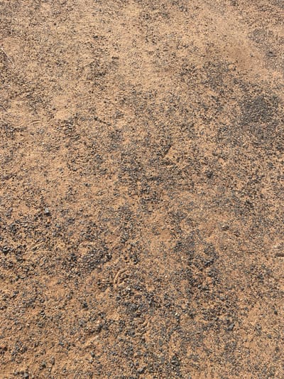 This media file is a close-up, top-down view of dry, sandy soil mixed with small dark pebbles. The texture is rough and uneven, with areas of lighter and darker shades due to the varied composition of the ground. A few thin, dry twigs or grass blades are visible on the surface. There are subtle imprints in the soil, suggesting recent disturbance or footprints, but no distinct figures or objects are identifiable. The lighting indicates it is daytime, likely under natural sunlight, casting faint shadows. No text is visible in the image. The scene is a simple ground surface, devoid of any specific structures or prominent natural elements, and therefore does not provide strong cues about its exact location beyond it being an outdoor, arid or semi-arid environment. Given the provided location context of Wauro Jabbe, Nigeria, this image likely depicts a patch of dry earth or a dirt path in that region.