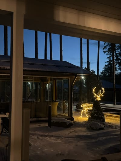 From a porch, a view of a snow-covered area is visible. To the right, a decorated reindeer figure stands beside a snow-covered shrub. The foreground shows structural beams of the porch. A building with multiple windows is seen, framing a yellow pillow inside. Behind the structure, dark trees are silhouetted against a twilight sky. Snow is evident on the ground and some structures.