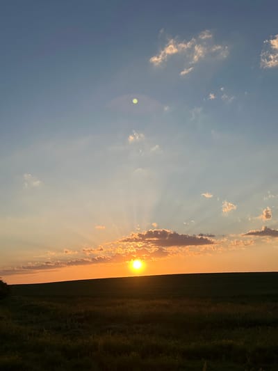 The image is a vertical, landscape photograph of a sunset over a rural field. The sun is a bright, orange orb positioned just above the horizon line, casting warm rays of light upwards through scattered clouds. The sky transitions from a deep blue at the top to a vibrant orange and yellow near the horizon. A small, faint, pale yellow disc, possibly a lens flare or a distant object, is visible in the upper portion of the sky. Below the sky is a dark green field, with a slightly darker, undulating horizon line in the mid-ground. The foreground is also a field, rendered in dark, shadowed tones, with visible blades of grass and vegetation. The image appears to have been taken in Ilavche, Ukraine, though no specific landmarks or human elements are identifiable.