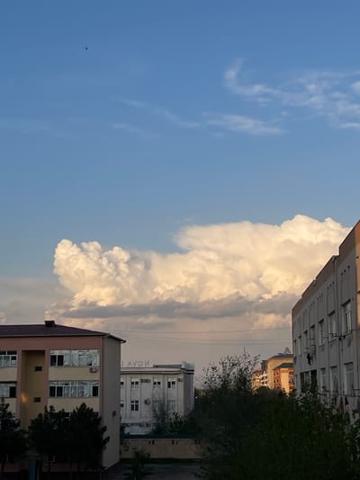 The image shows a vertical view of a street scene. The sky is mostly blue with some scattered clouds and a large, vertical cumulonimbus cloud. Buildings border either side of the scene. One is pale, high-rise and rectangular. A sign is visible but appears to be written in Cyrillic script. The other is a building of tan with a brown-colored roof. A tree is visible on the right side, partially obscuring the second building. In the empty space of the sky there appears to be a bird flying in the sky. The image is likely taken in Navoiy City, Uzbekistan, as requested.