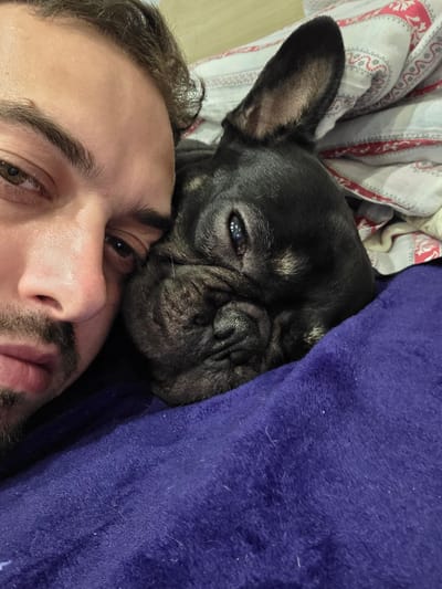 The image shows a close-up, overhead shot of a person and a black French Bulldog resting together on a bed. The person's face is partially visible on the left, with one eye open and looking towards the camera. Their brown hair and beard are also visible. The dog is nestled against the person's face, with its head resting on a purple blanket. The dog's ear is visible, along with its dark fur and a portion of its face. The background consists of a striped blanket. The overall scene appears intimate and relaxed, suggesting a moment of rest or affection between the person and their pet. No specific location in Belene, Bulgaria is identifiable from the image.