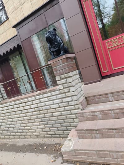 The image depicts the exterior of a building with a prominent statue of a black bulldog. The building features a facade of beige and brown panels, with large windows and a red door adorned with gold trim. A decorative metal railing is visible on a balcony or elevated walkway. The ground level is clad in light-colored brickwork, and there are steps leading up to the entrance. The environment appears to be urban, with some trees reflected in the windows. The specific location in Syktyvkar, Russia, is not determinable from the image alone. No people are visible in the scene.
