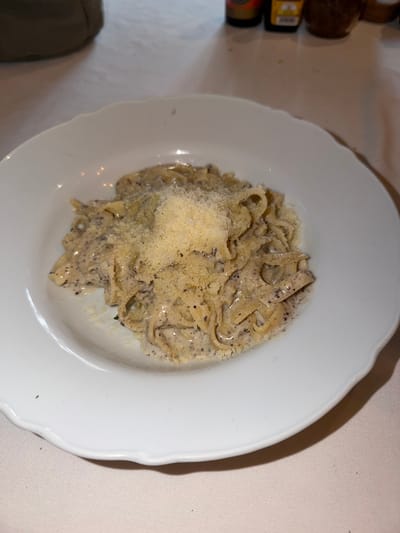A plate of pasta is centrally located on a white, ruffled-edged plate. The pasta appears to be fettuccine or tagliatelle, coated in a light-colored, creamy sauce with dark specks. A mound of grated cheese covers a portion of the pasta. To the left of the plate are blurry objects, including what appears to be a bottle. The plate rests on a neutral-colored tablecloth. The location is inferred to be Domingo Arenas, Mexico.