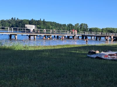 This media file depicts a sunny day at a lakeside swimming area in Parchim, Germany. The scene is dominated by a long wooden pier extending into the water, equipped with a diving platform and safety railings. Numerous people are enjoying the water, with some swimming and others gathered on the pier. Several individuals are visible on the pier, including a person in a red top who appears to be supervising or guiding others. Some are interacting with a life preserver ring.

In the foreground, a grassy area borders the water. Scattered on the grass are various objects, including a blanket with water bottles, and several pairs of shoes or sandals. The lake is calm and reflects the clear blue sky, suggesting good weather and a pleasant time of day, likely midday or early afternoon, given the bright sunlight and lack of long shadows. The background features a dense line of lush green trees, typical of the German landscape. The overall atmosphere is one of leisure and recreation. There is no visible text within the image.