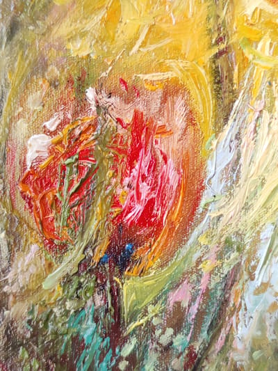 This is a close-up, abstract oil painting on canvas. The style is impressionistic and textured, with thick brushstrokes creating a sense of movement and depth. The dominant colors are warm tones of yellow, orange, and red, with accents of green and white. The central subject appears to be a vibrant red and orange form, possibly a flower or fruit, surrounded by swirling yellows and greens. The background is indistinct but suggests an organic or natural setting. There is no identifiable information about the city of Rybnitsa, Moldova, within the image itself.