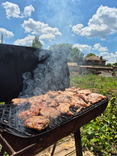 In an outdoor setting, likely a rural area in Kardam, Bulgaria, pieces of meat are being grilled on a rusty barbecue. The meat, appearing to be some sort of kebabs or patties, is spread across a black metal grill grate and is emitting a significant amount of smoke. The barbecue itself is old and weathered, with a rounded, dark metal body and a supporting structure that looks homemade.
The scene is illuminated by bright sunlight, suggesting it is daytime, possibly midday or afternoon. The sky is a vibrant blue and filled with fluffy white cumulus clouds, indicative of fair weather. In the background, there are hints of a rural village with buildings that have tile roofs and brick chimneys. Green foliage, including trees and shrubs, frames the scene, suggesting a natural, possibly overgrown environment.
The focus of the image is on the grilling process, with the smoke rising and partially obscuring the background. The meat appears to be browning and cooking, with some pieces showing char marks. The overall impression is one of a casual, possibly celebratory outdoor meal being prepared. There is no visible text in the image.
