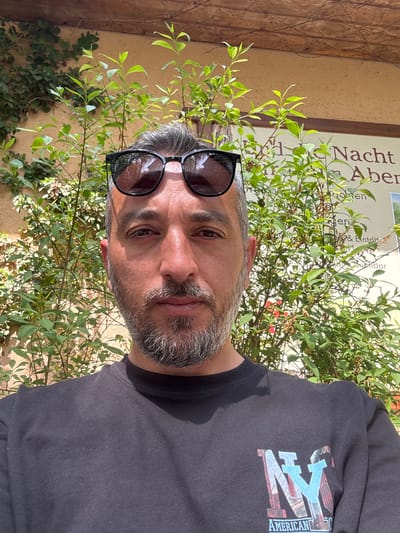 The image is a selfie of a middle-aged man with grey hair and a beard. He is wearing sunglasses on his head and a black T-shirt with a faded graphic of "NY AMERICAN 50". He is standing in front of a wall covered in green vegetation. A sign is partially visible behind the vegetation, showing some German words like "Nacht" and "Aber". The image location can be inferred as Cleebronn, Germany based on other signs.