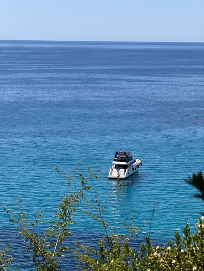 An aerial view captures a clear, bright day over the Adriatic Sea off the coast of Drobnići, Montenegro. The water transitions from a deep blue on the horizon to a vibrant turquoise closer to the shore, with subtle ripples creating a textured surface. A white motor yacht with a black roof is anchored in the mid-ground. Several people are in the water near the yacht, some appearing to swim or float. In the foreground, lush green foliage and white flowers obscure the lower portion of the image, suggesting an elevated viewpoint from a hillside. A floating rope line with buoys marks a boundary in the water near the shore.