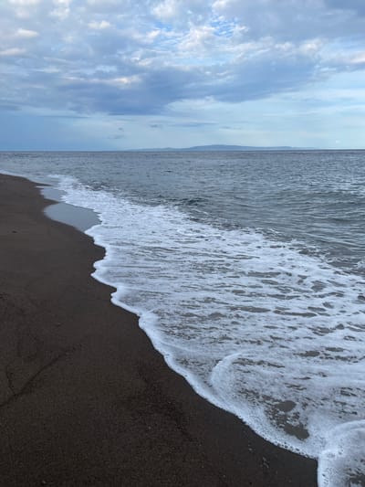 The image depicts a serene beach scene in Dauin, Philippines. The foreground features dark, damp sand with a gentle wave washing ashore, leaving a trail of white foam. The water stretches out to the horizon, appearing a deep blue under a sky filled with soft, greyish-blue clouds. In the distance, a faint outline of land, possibly islands, is visible against the horizon. The overall atmosphere is tranquil and natural, with no people or man-made objects present.