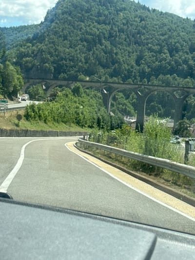 The image shows a view from a vehicle traveling on a winding road. The road has a white line marking the center and a yellow line marking the edge. To the right of the road is a metal guardrail and grassy embankment. In the background, a large, arched viaduct spans across a valley, with dense green forest covering the surrounding hills. A few buildings are visible beneath the viaduct. The sky is partly cloudy. The location is Hauts de Bienne, France.