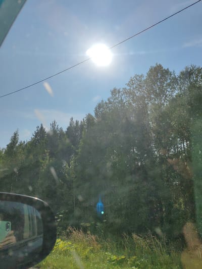 A bright sun glares through a clear blue sky, casting light rays and lens flares across the image. A thin black wire stretches diagonally across the sky, disappearing into the upper left corner. A dense line of green trees forms a backdrop, with the sun's light dappling through their leaves. In the foreground, a car's side-view mirror reflects a green phone held by an unseen person. The mirror also shows a partial reflection of the car's interior, including a window with what appears to be a light-colored headrest. Below the trees, tall green grass and some wild plants are visible. The scene appears to be an outdoor setting, possibly along a road, given the presence of the car mirror and the wire, which might be a power line. The overall impression is a sunny day in a natural, possibly rural, environment.